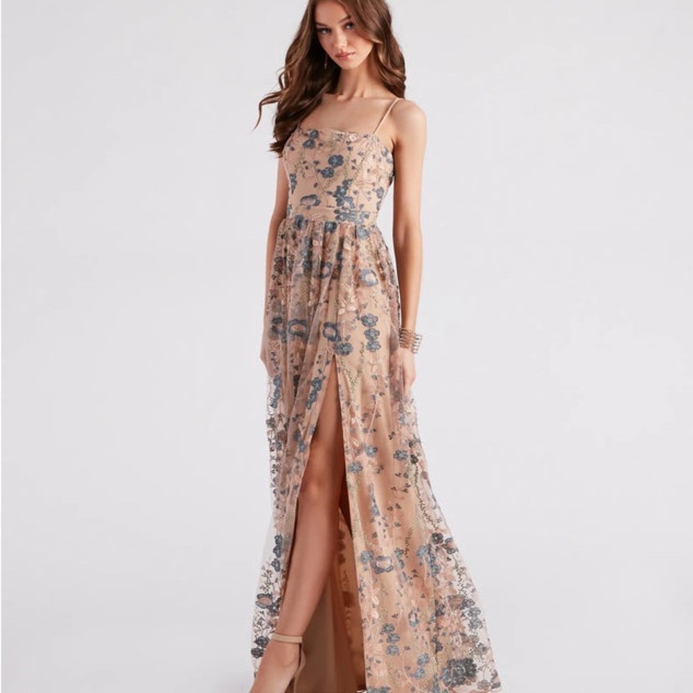 Windsor Beige floral Embroidered Maxi Dress